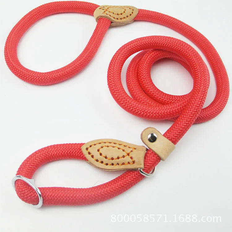 Brown nylon dog leash with hand loop, shown at full 2.1 metre length.