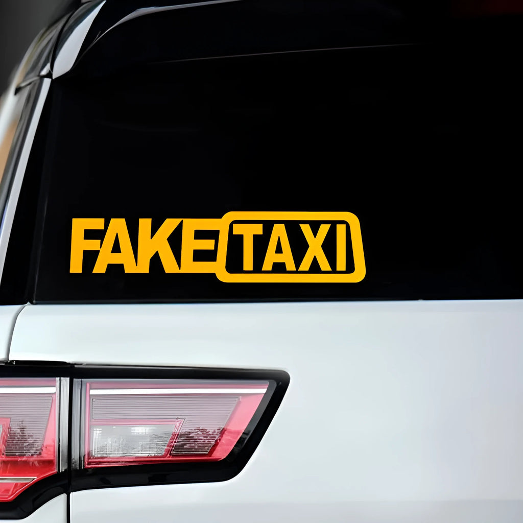 FAKE TAXI car warning sticker in yellow, black, and white colour options, shown at 20cm by 8cm size.