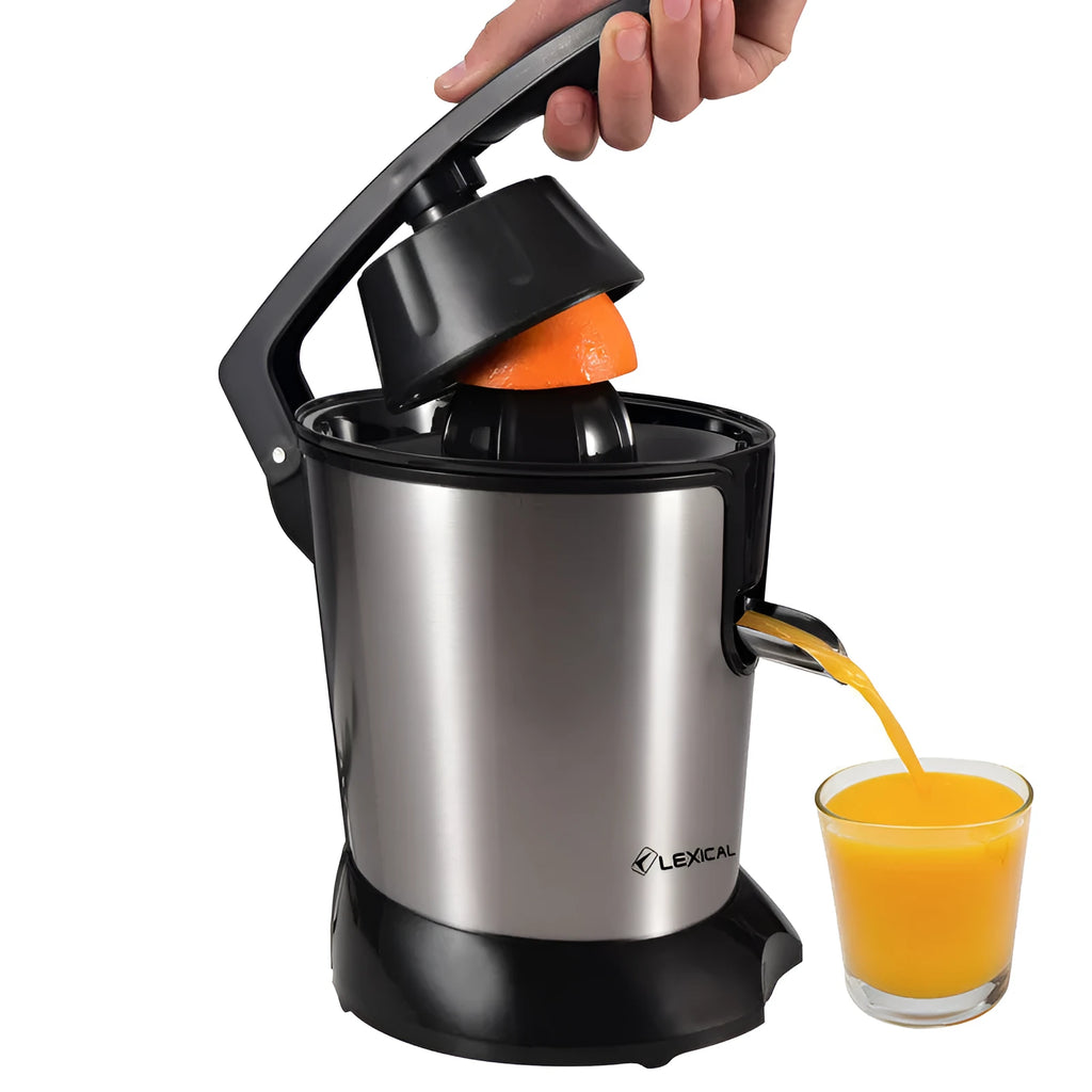 Stainless steel electric citrus juicer with vertical screw rod cutter and round feeding port