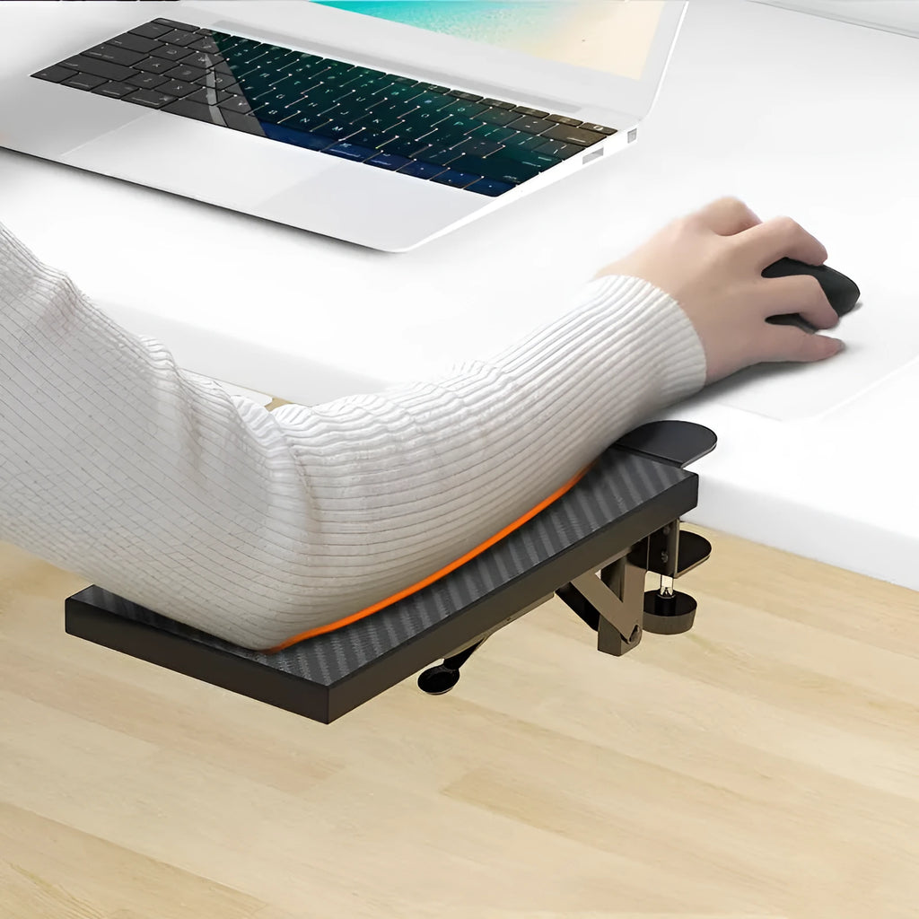 Ergonomic hand bracket in black carbon fiber veneer on a desk for arm support during computer use
