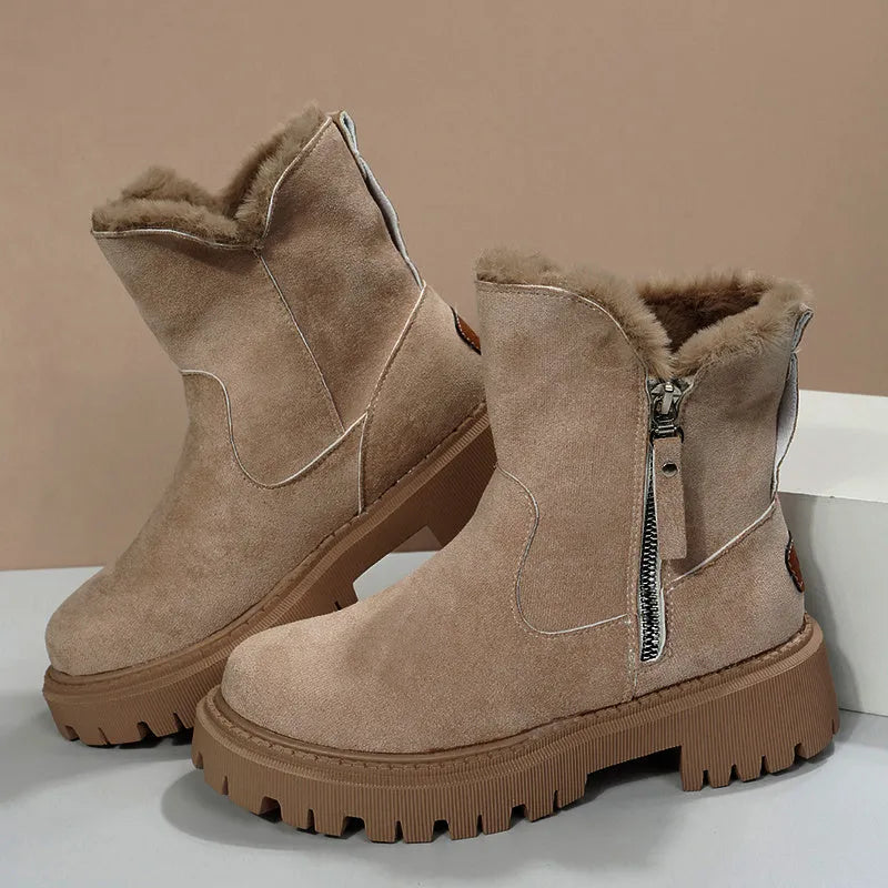 Women's black thick plush snow boots with faux suede upper, side zip, and non-slip rubber sole.