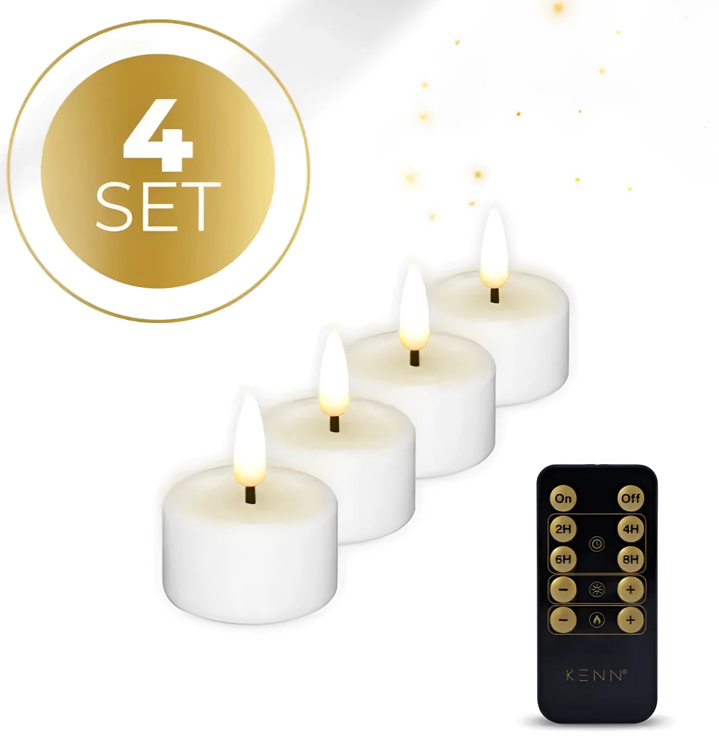 Set of four white plastic LED tealight candles showing size.