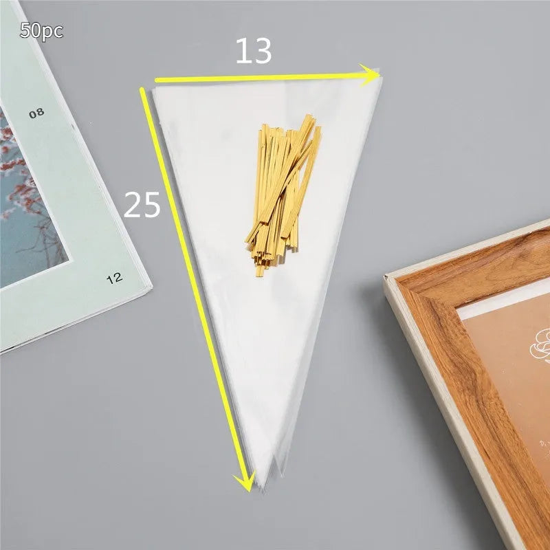 Transparent triangular OPP plastic bag with a silver tie wire closure