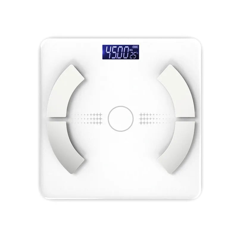 Smart Bluetooth rechargeable body fat scale in white, black or pink colour options
