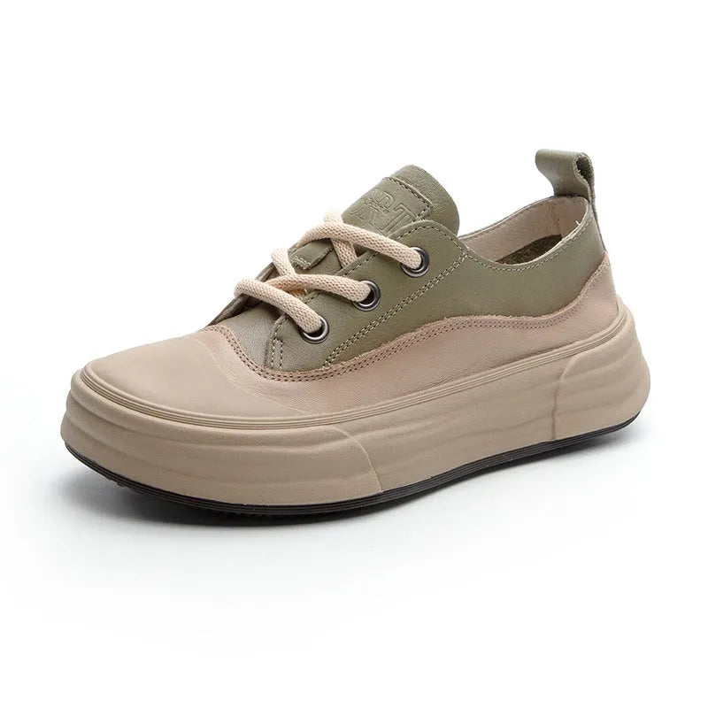 Women's matcha green leather platform sneakers with round toe and front lace-up on a white background.
