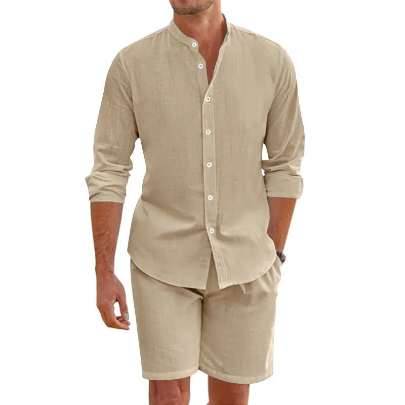Men's dark grey linen blend short sleeve shirt and matching shorts two-piece set laid flat.