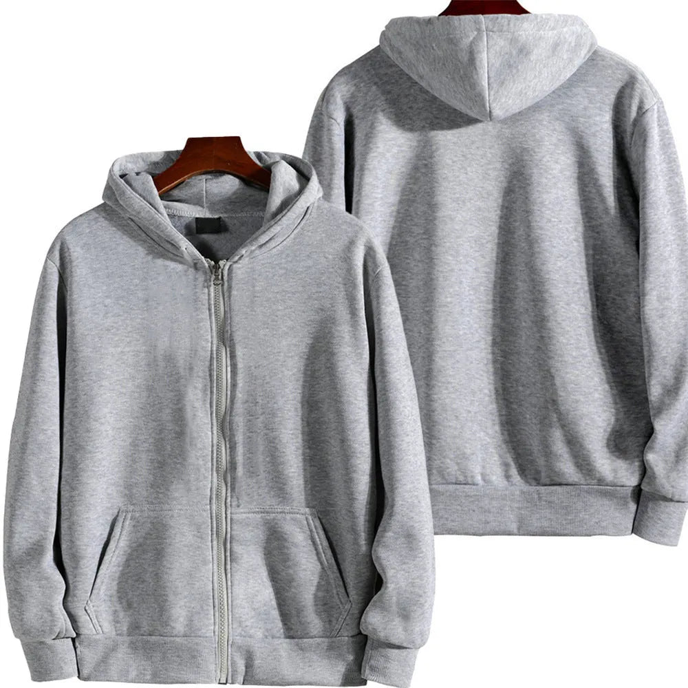 Men's solid colour loose-fit zipper jacket in polyester fabric on a hanger.