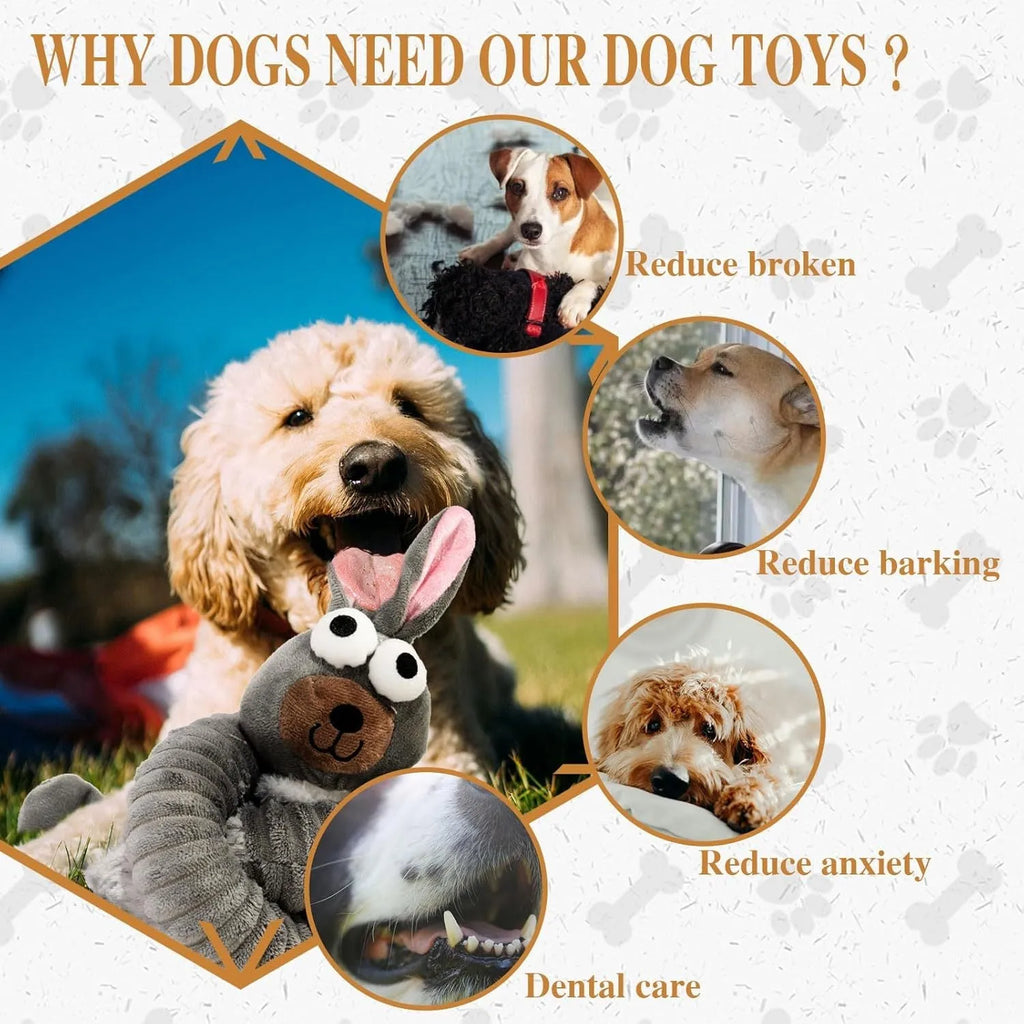 Plush squeaky dog toy in brown with foldable design and crinkle texture for small to large dogs
