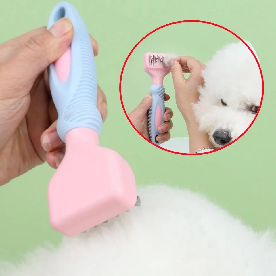Pink stainless steel pet comb with integrated knot knife for grooming dogs and cats.