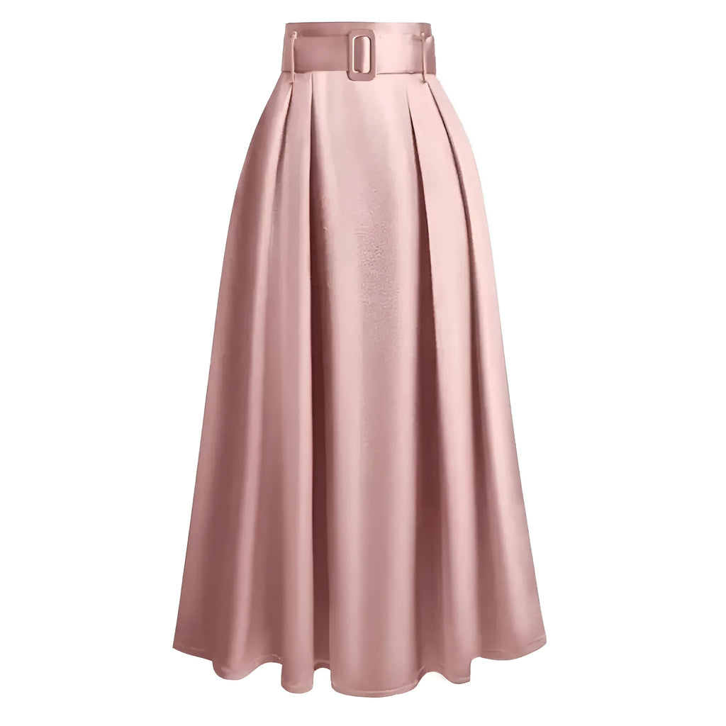Women's high waist pure colour satin lace-up skirt in black polyester fabric, front view