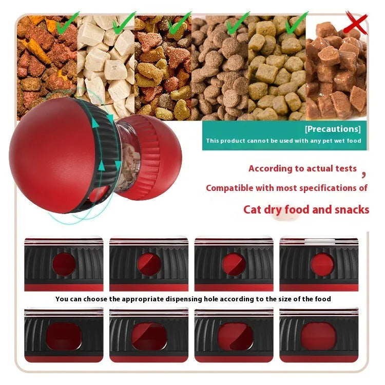 Rotating plastic cat toy with food-dropping mechanism and sound element in super ball colour