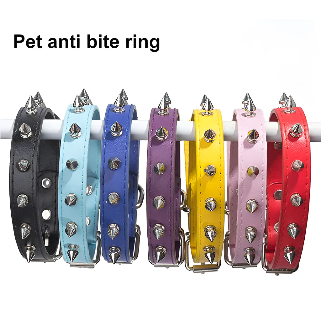 Studded dog collar made of black PU leather with metal spikes and an alloy fastener.