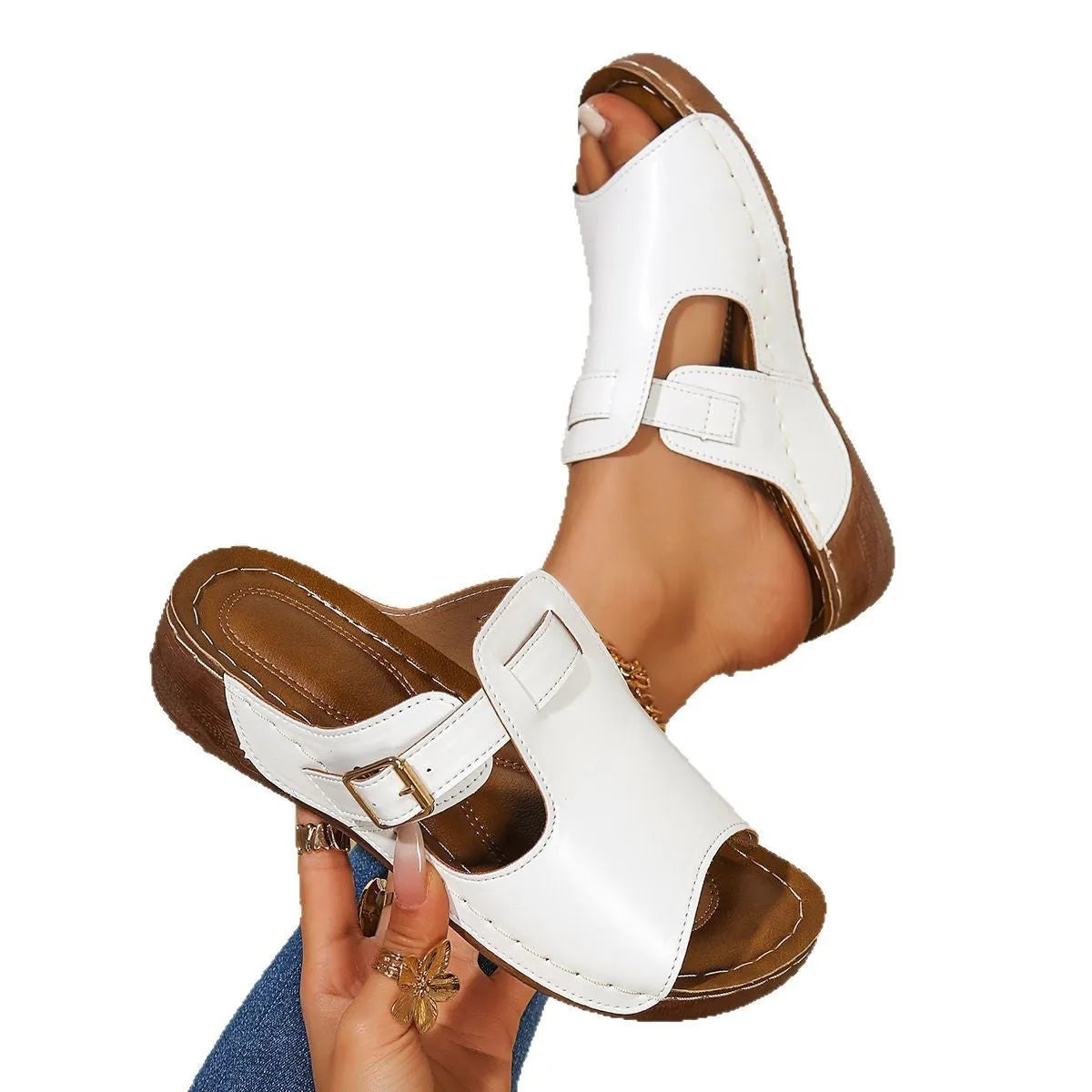Women's PU EVA fish mouth slide sandals in black, side view showing toe bracket and slip-on design.