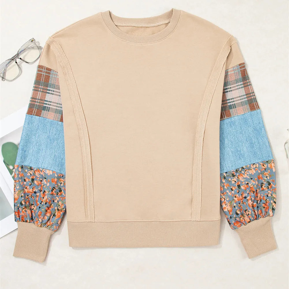 Women's loose fit long sleeve top with plaid stripe pattern stitching in apricot colour