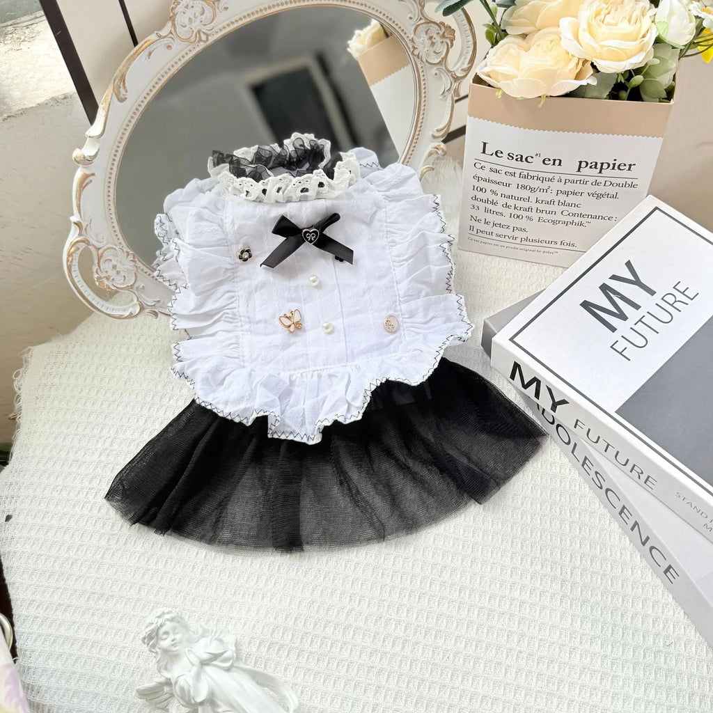 White princess-style gauze skirt for small dogs on a mannequin showing the full length