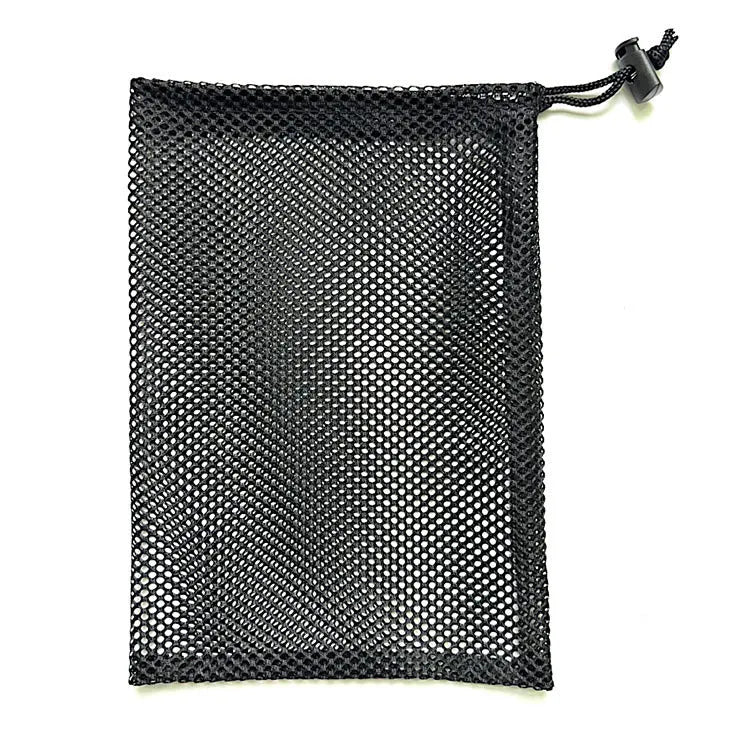Black mesh drawstring storage bag for water ball toys with three size options shown