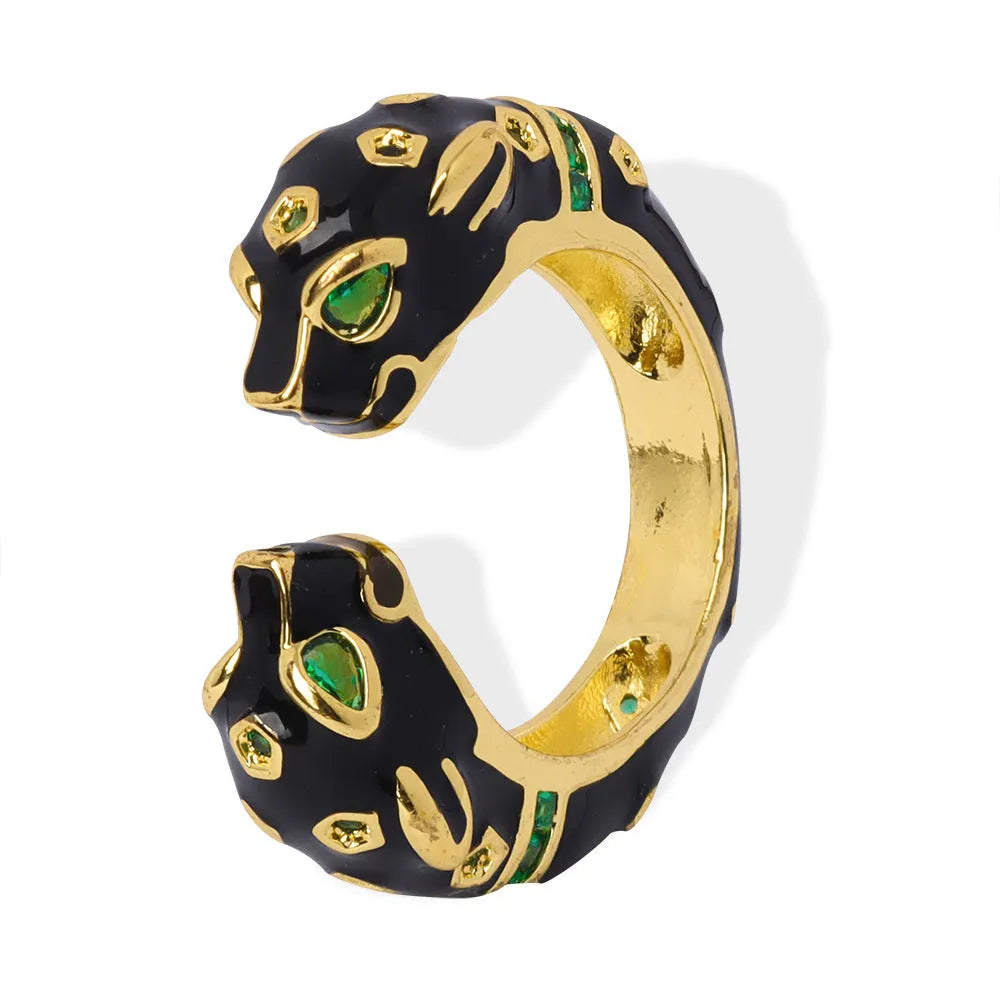 Women's black cheetah open ring in geometric shape with no.7 size electroplated copper construction