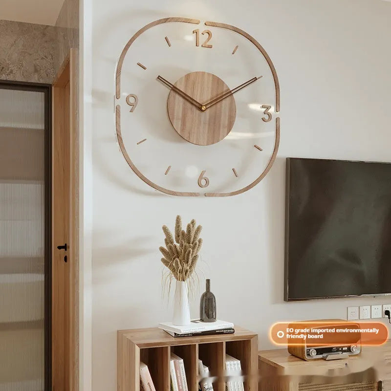 35cm square transparent wooden frame wall clock modern design