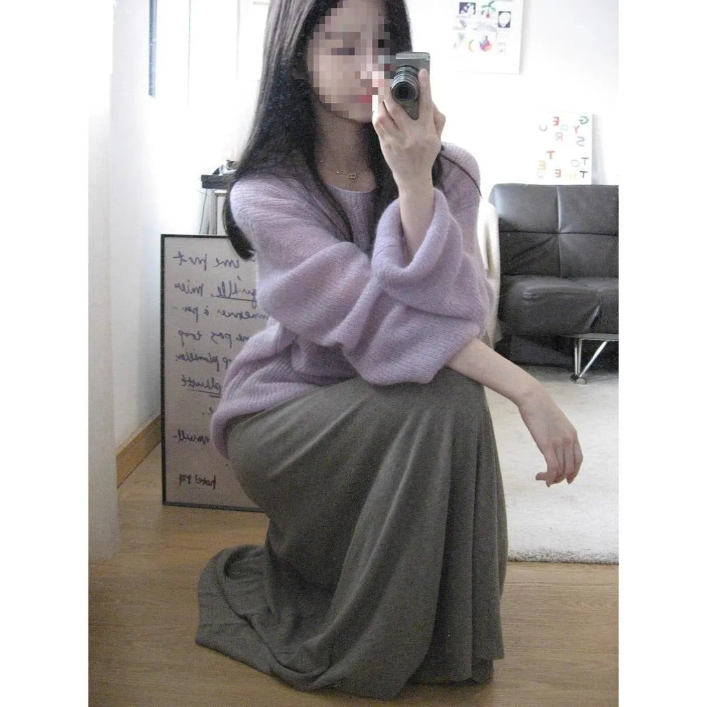 Purple women's blouse with hollow out detailing and princess sleeves made from lightweight ice silk fabric