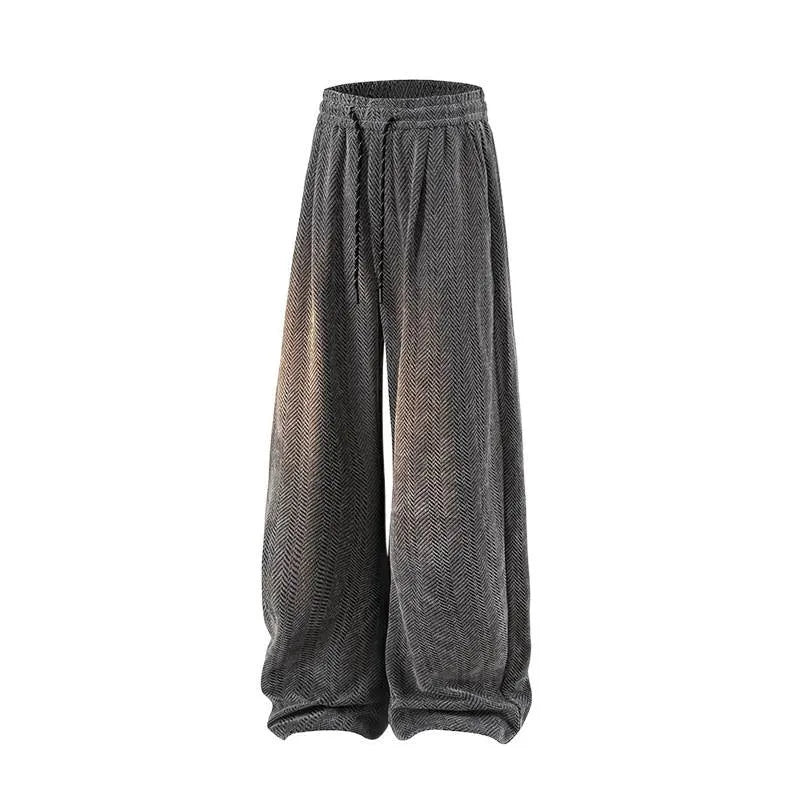 Men's straight-leg fleece-lined trousers in light grey, showing elastic waist and casual drape.