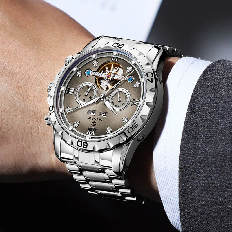 Men's automatic mechanical watch with business styling and stainless steel strap