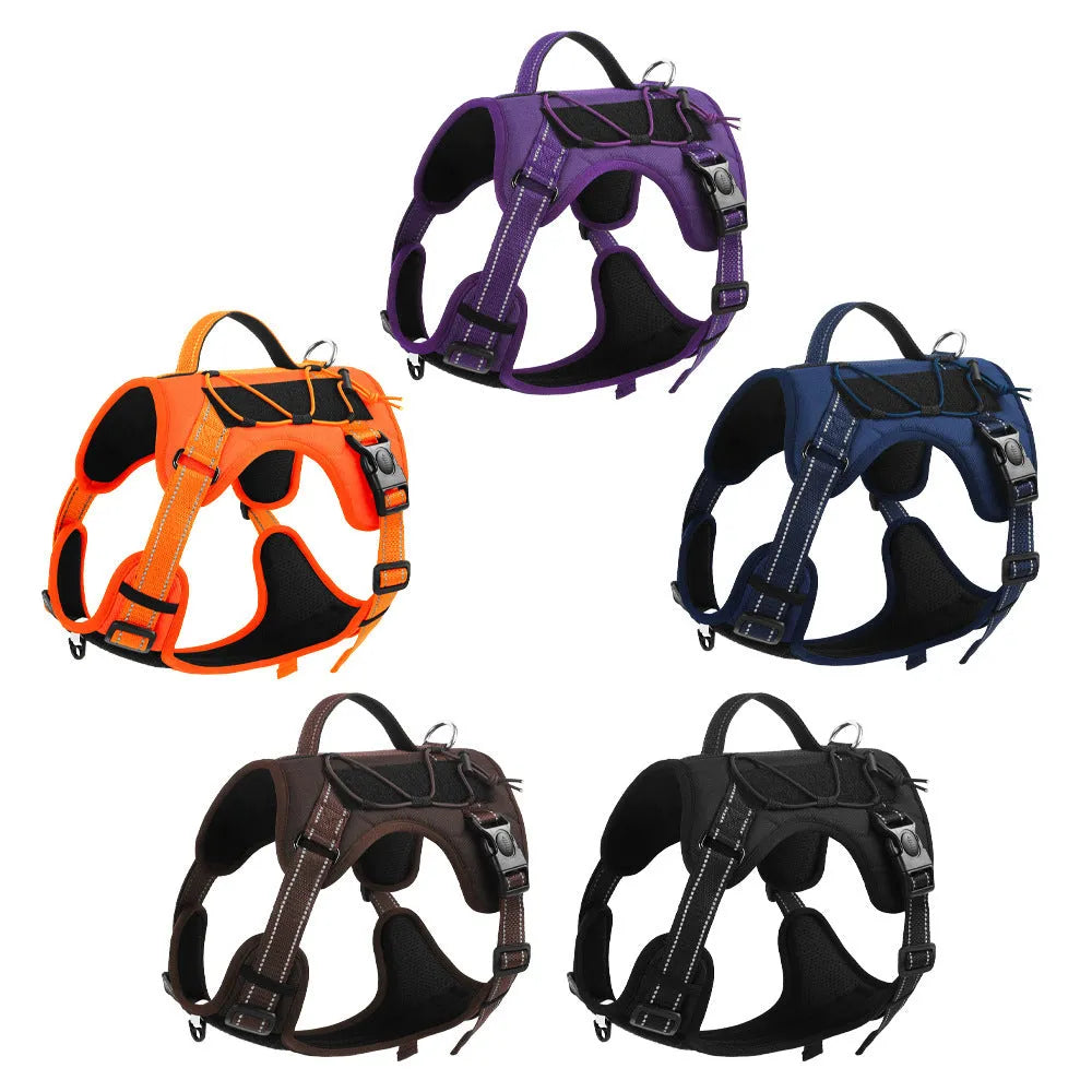 Reflective orange dog harness with a black hand-holding rope lead laid out flat.