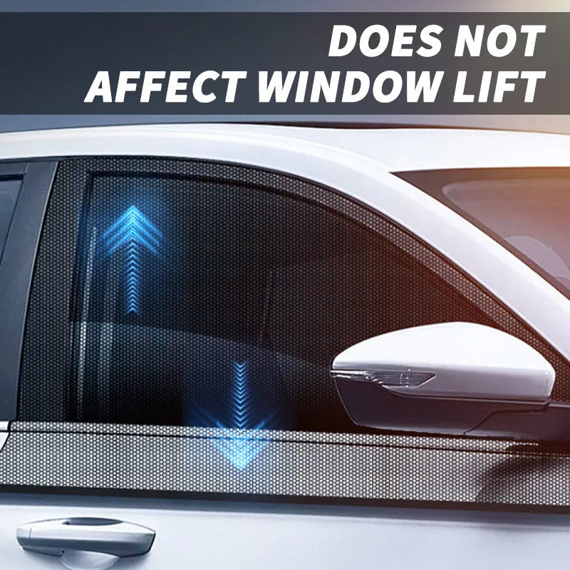 Car side window mesh sunshade installed on a car door window for sun protection and mosquito prevention