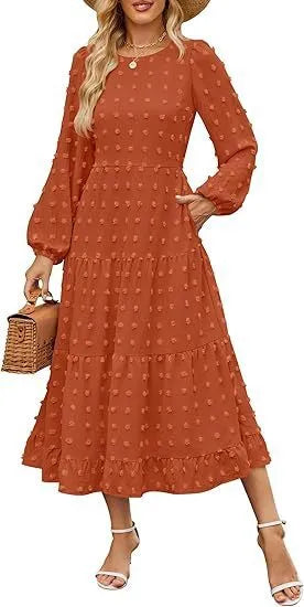 Beige women's long sleeve casual dress with round neck, ruffled sleeves, and a high waist.