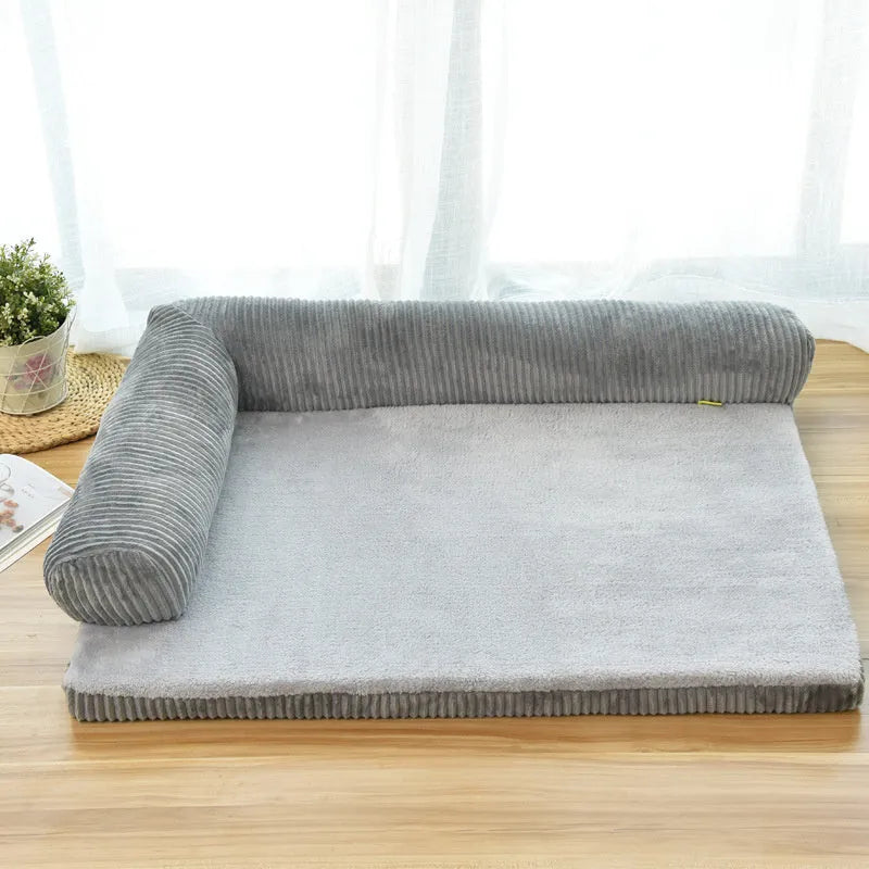 Corduroy pet sofa dog bed in grey colour with non-slip base, shown in a Large size.