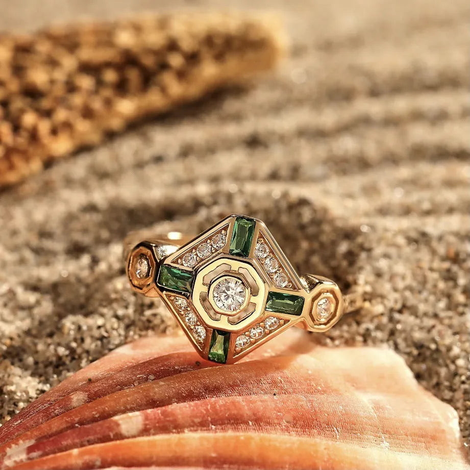 Square geometric emerald diamond ring for women with electroplated finish in green colour