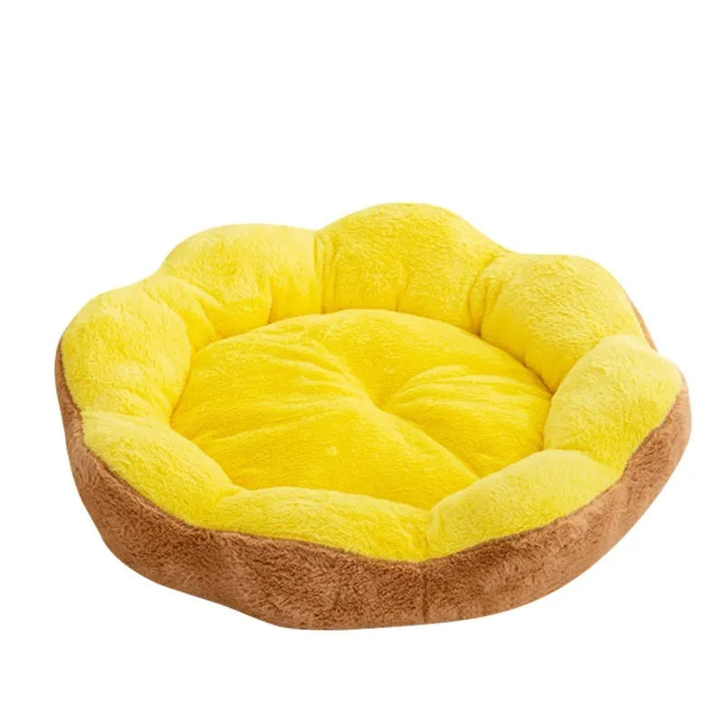 Brown grey rabbit plush round cat bed with a removable washable cover, shown in L size.