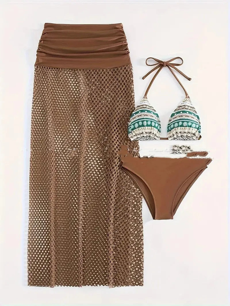 Women's three-piece bikini set with fishnet long skirt in gradient colours brown, rose pink or black