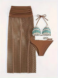 Women's three-piece bikini set with fishnet long skirt in gradient colours brown, rose pink or black