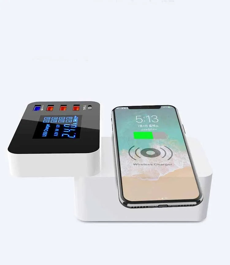 White 10W wireless charger with multi-USB ports and indicator light on a desk