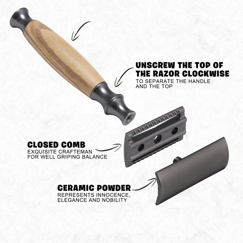 Men's copper manual old-fashioned metal shaving razor with olive wood handle and aluminium alloy knife holder