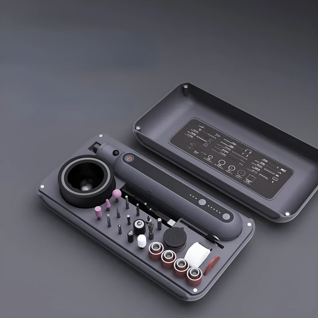 Mini electric grinding polishing cutting tool set with lithium battery and five-speed control.
