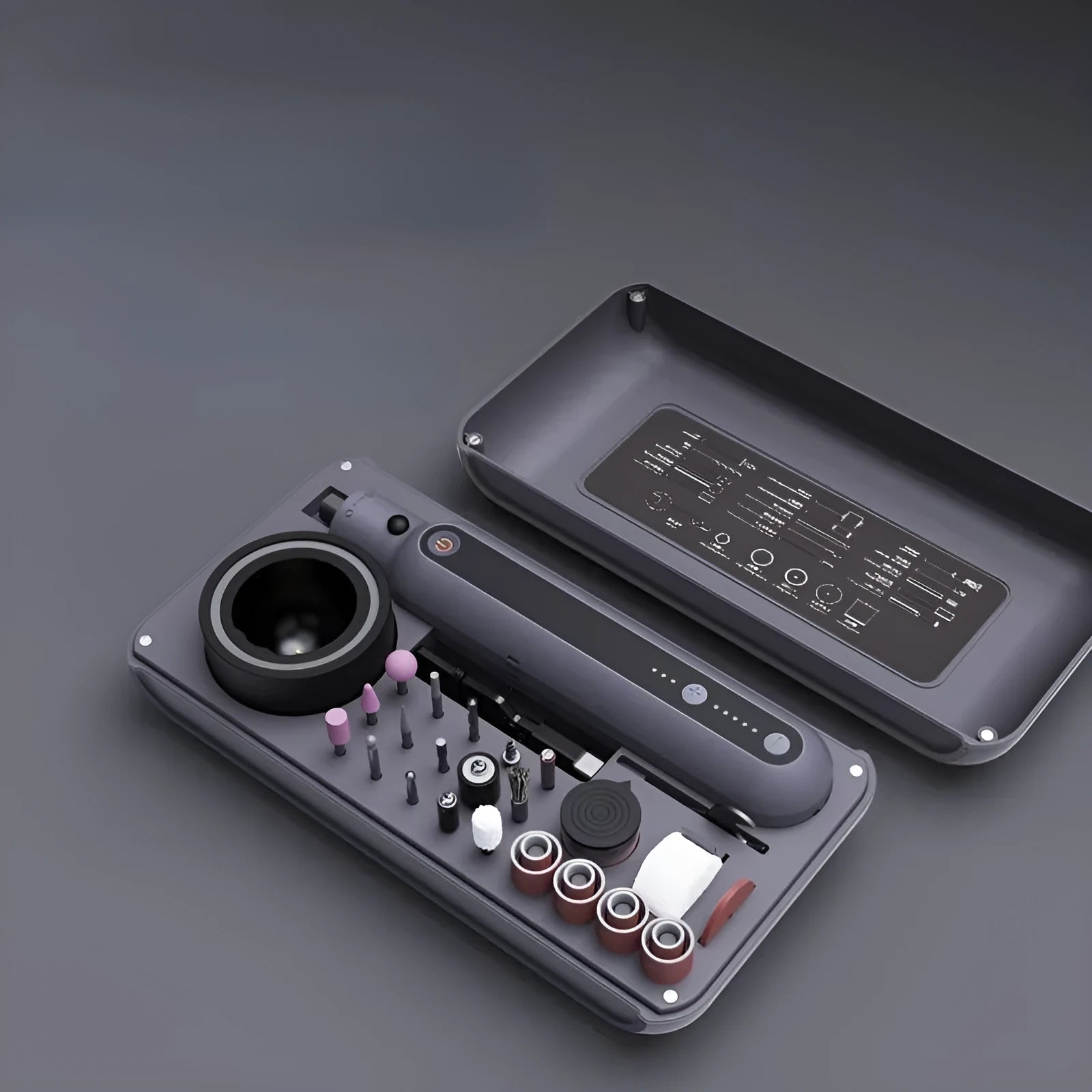 Mini electric grinding polishing cutting tool set with lithium battery and five-speed control.