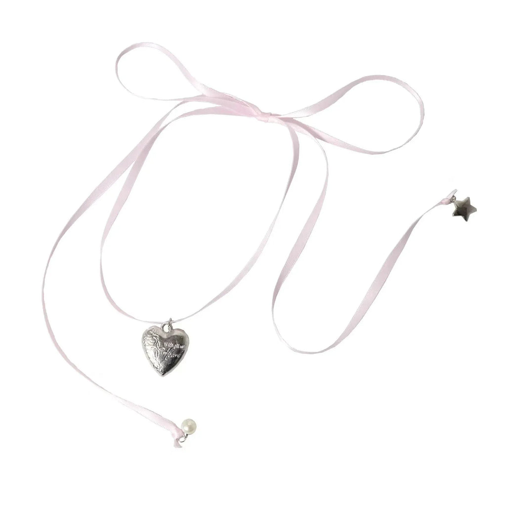 Women's electroplated alloy necklace with love pendant featuring ribbon design on clavicle chain