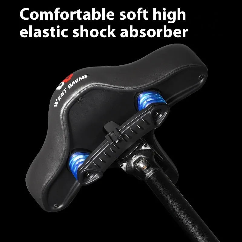 Black bicycle seat cushion with leather exterior and foam padding for shock absorption