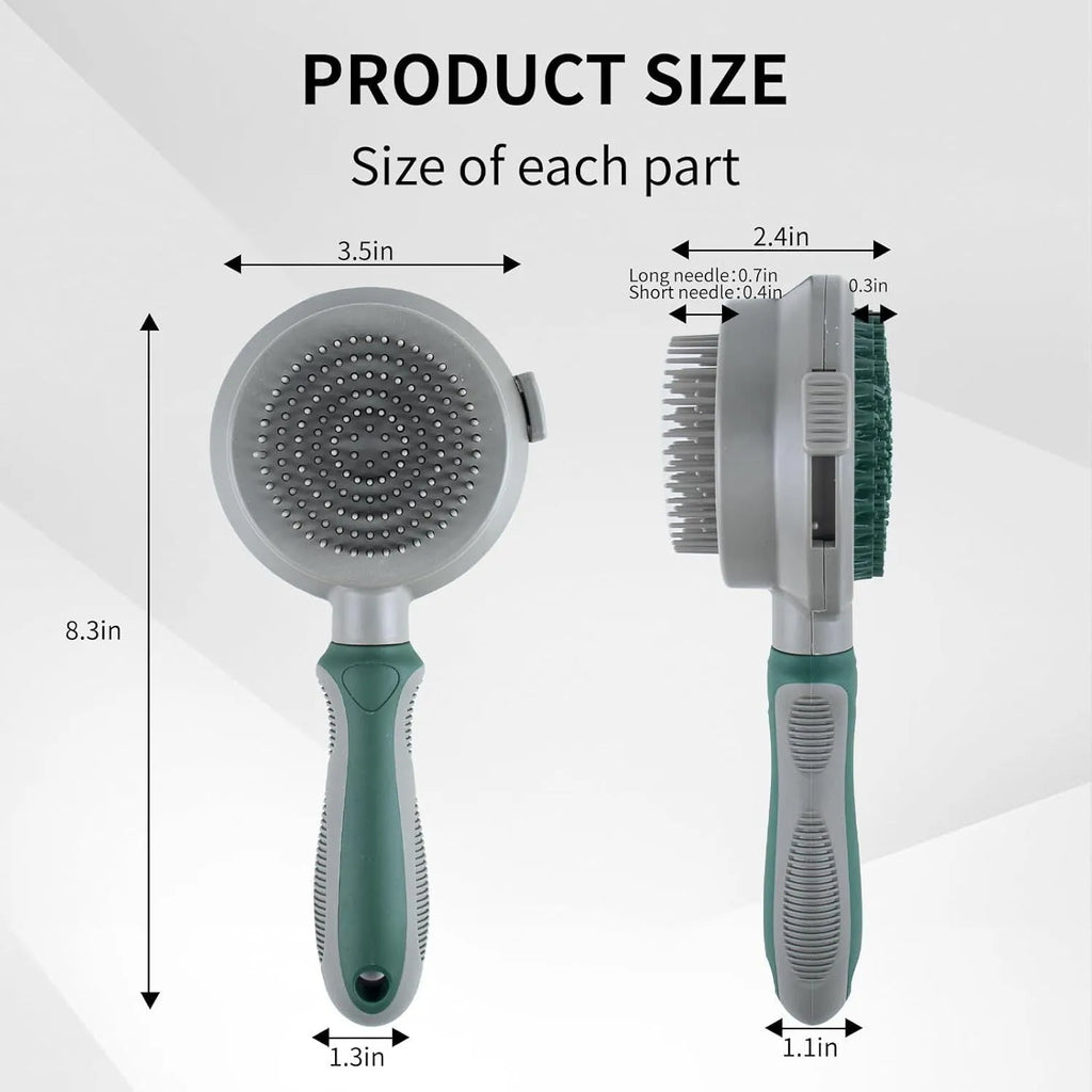 Green and pink two-sided silicone pet grooming brush with slicker brush and massage head.