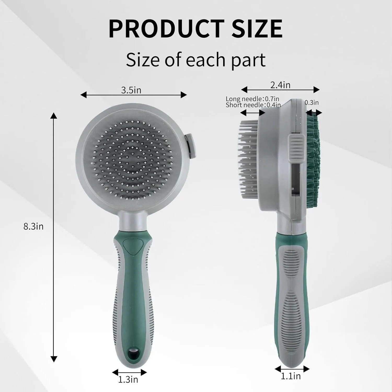 Green and pink two-sided silicone pet grooming brush with slicker brush and massage head.