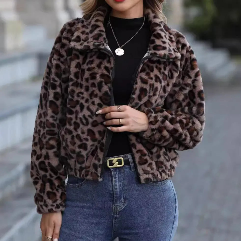Women's loose leopard print plush coat with raglan sleeves and front zipper