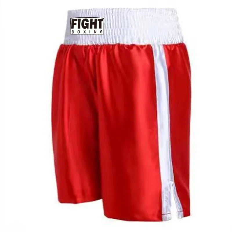 Boxing shorts in black and red colour with white side stripes, laid flat.