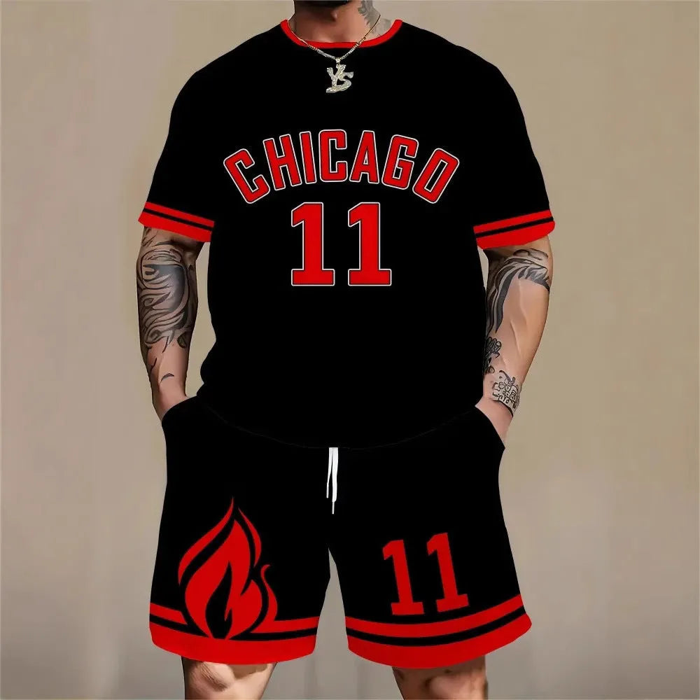 Men's 3D printed letter suit set with short sleeves and shorts in polyester fabric