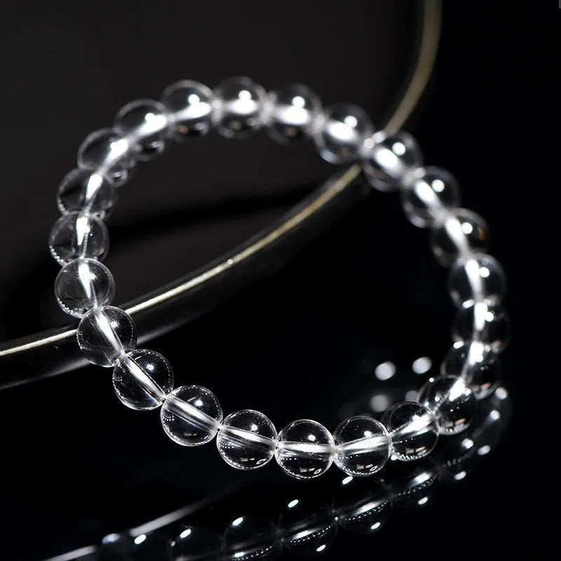 Natural Donghai old materials white water crystal bracelet with round beads in single circle geometric design