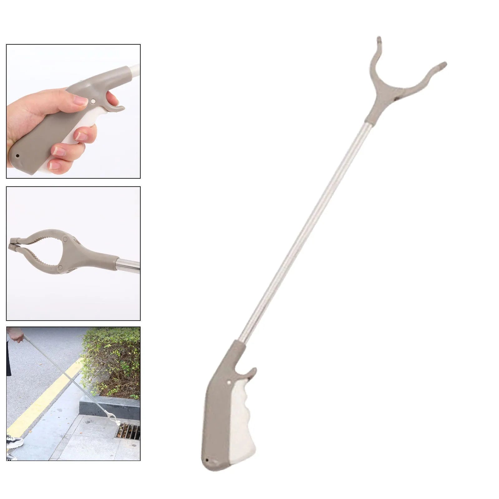 Stainless steel grabber tool with non-slip chuck and push-type handle for bending-free pickup