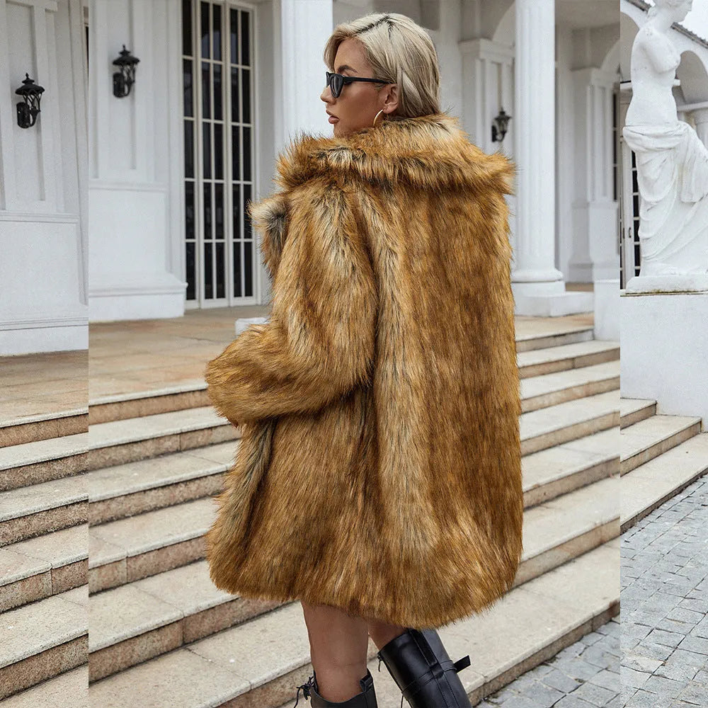 Yellow women's faux fur coat with regular sleeves and loose fit, showing 80cm length