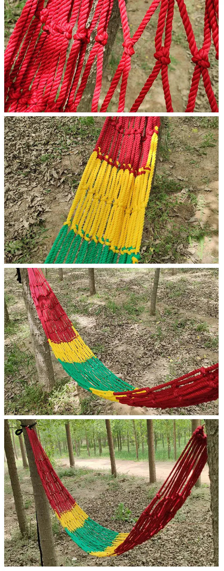 Nylon rope mesh outdoor hammock hung between two trees, showing its open weave and included tying ropes.