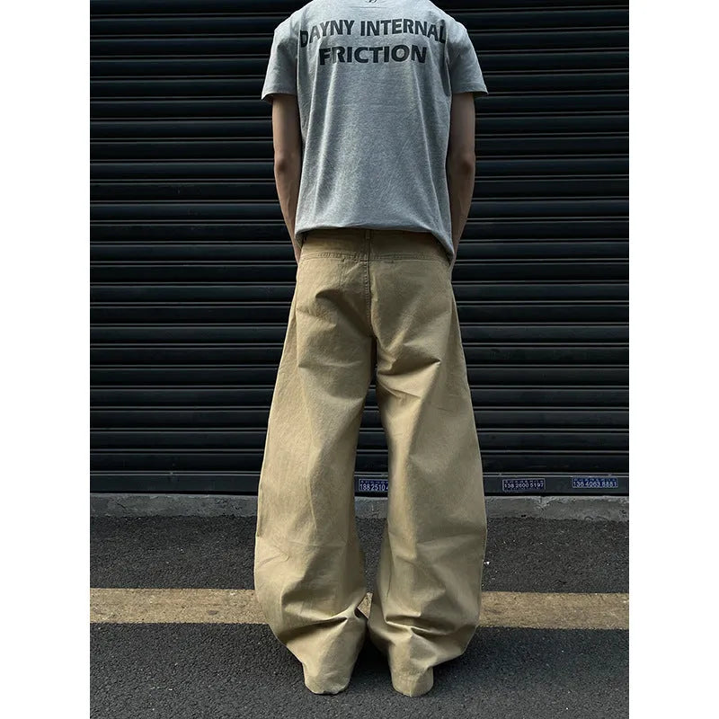 American retro solid colour khaki straight pants for men on plain background