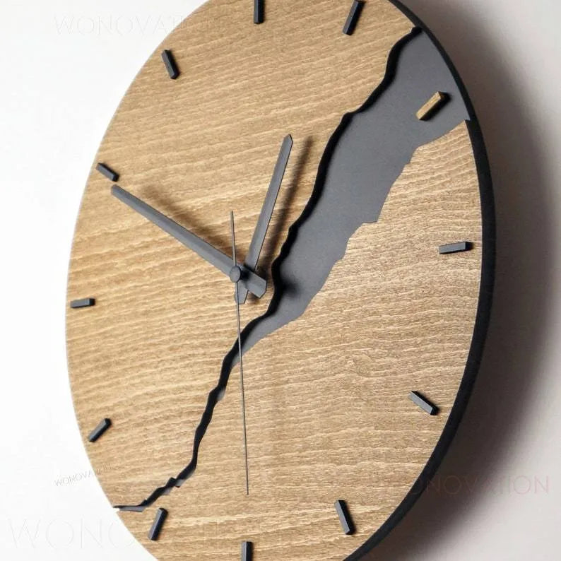 30cm wooden wall clock with distressed crack finish in modern style